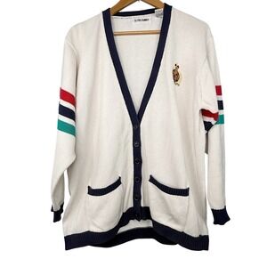 Alfred Dunner Preppy Cardigan Sweater Mens Large White Crest Striped Cotton Knit